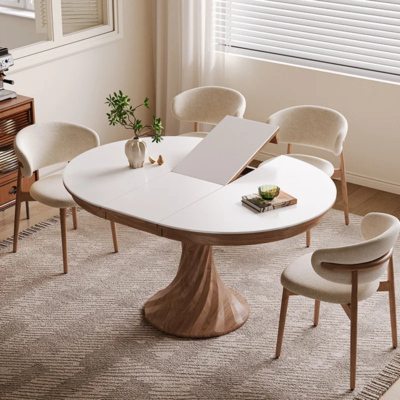 Small apartment solid wood retractable round dining table household rock slab folding dining table
