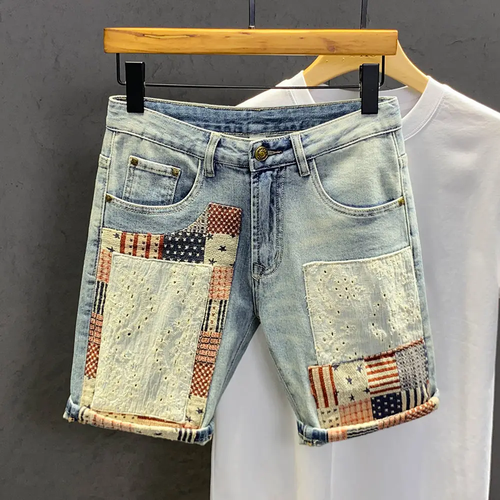 Street Luxury Fashion Designer Clothes Washed Cargo Men's Brand Summer Splicing Korean Denim Shorts Designer Embroidery Jeans