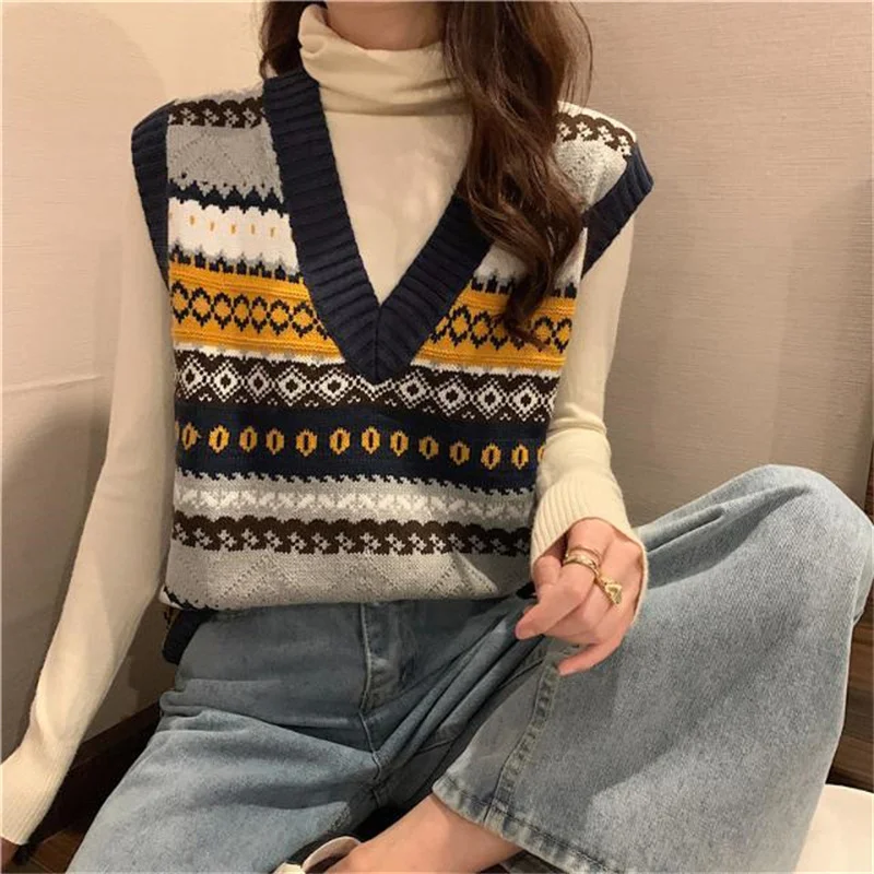 2022 Vintage Printed Sweater Vest Sleeveless Casual Outerwear Knitted Waistcoat Y2K Spring Autumn Girl Sweet Kawaii Pullover Top