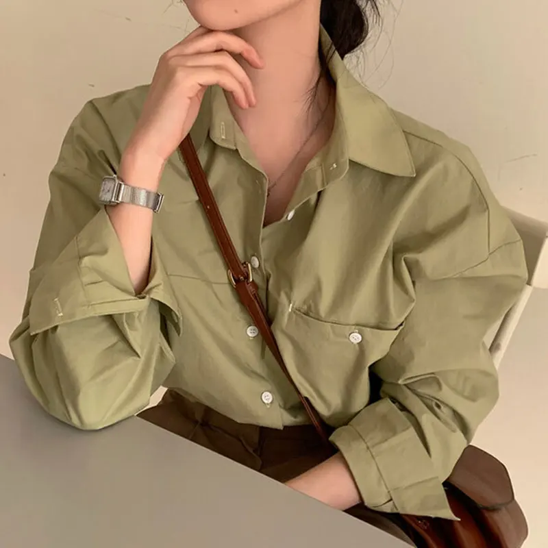 Chic Spring Soft een Oversize Casual Pure Color Long Sve irt Women's Turn-down Collar Top Versatile Loose Fit