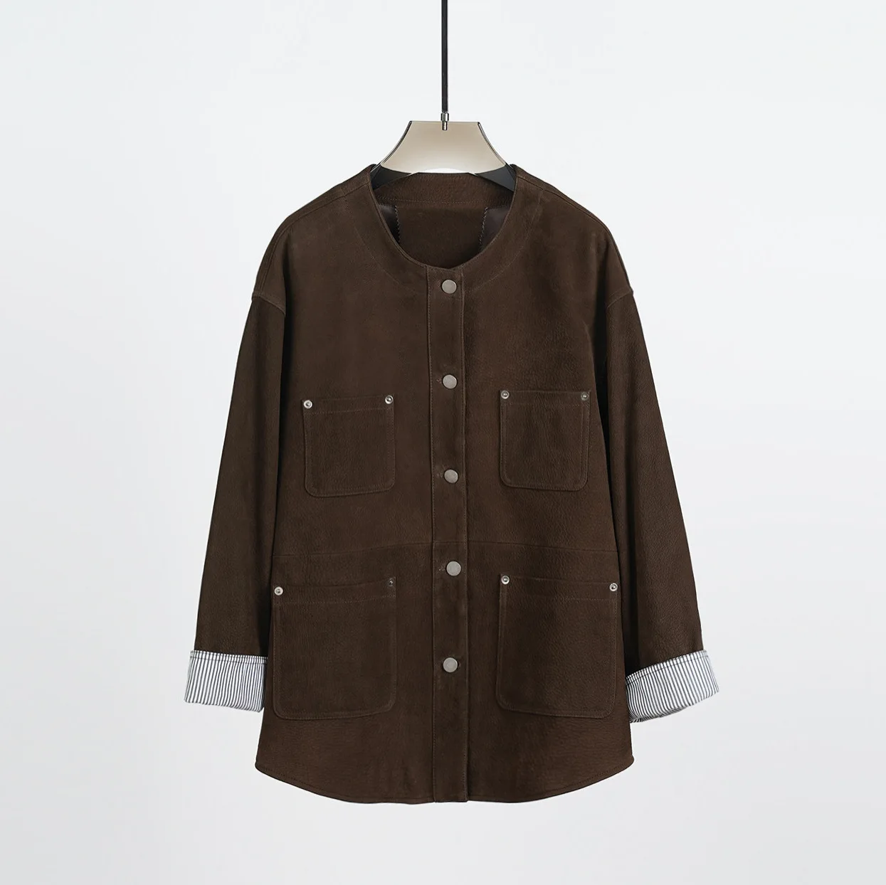 Schwere, ultraweiche, übergroße, schmal geschnittene, vielseitige Jacke aus Ziegenleder mit Rundhalsausschnitt für Damen