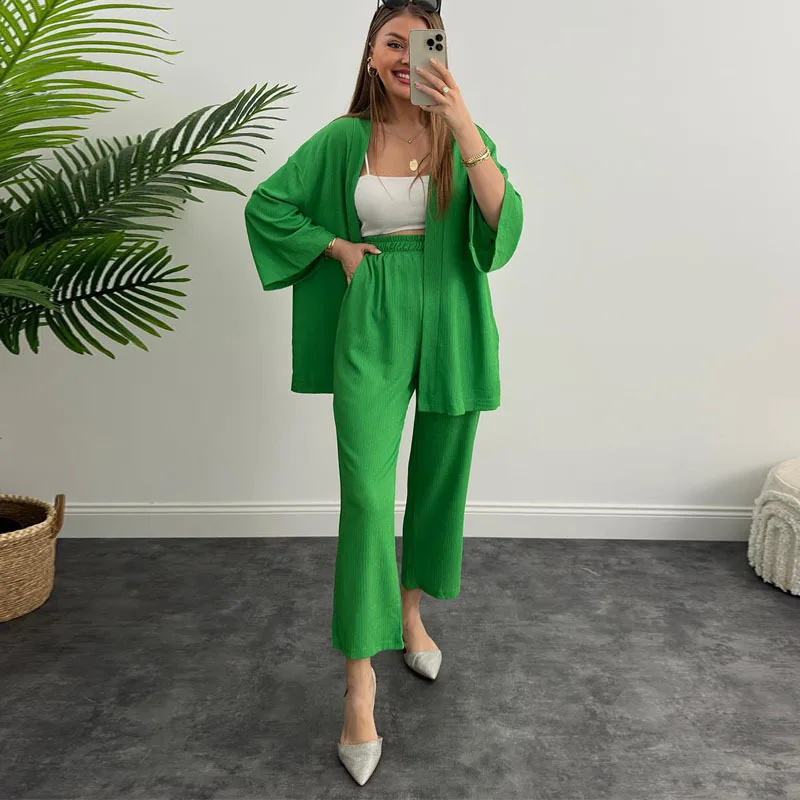 

Spring New Fashion Women's Solid Color Loose Casual Trendy 2 Piece Sets Long Sleeve Cardigans Wide Leg Trousers Female Clothes