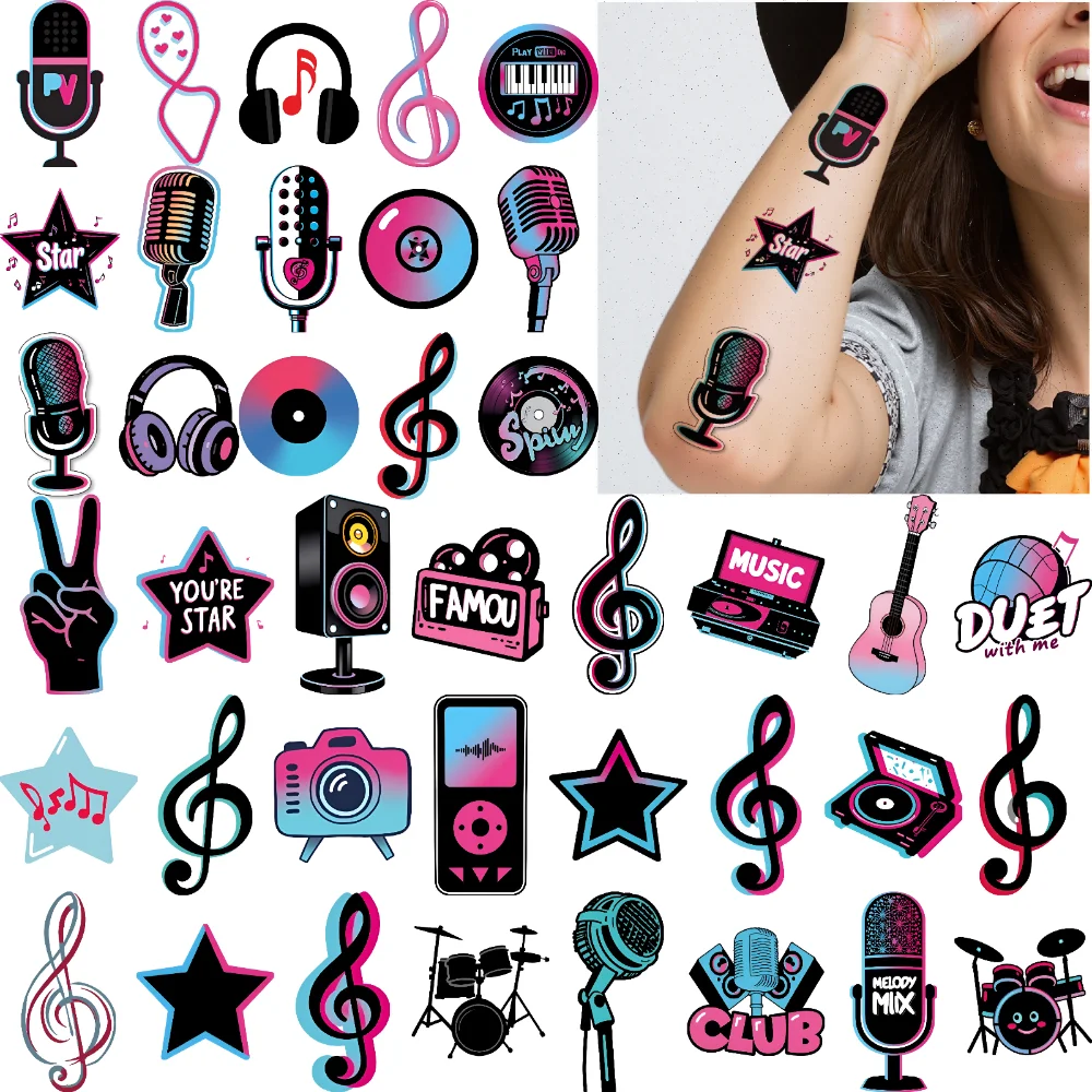 

63pcs Temporary Tattoo Music Player Cartoon Music Speaker Musical Notes Temporary Tattoo Stickers Headphones For Children