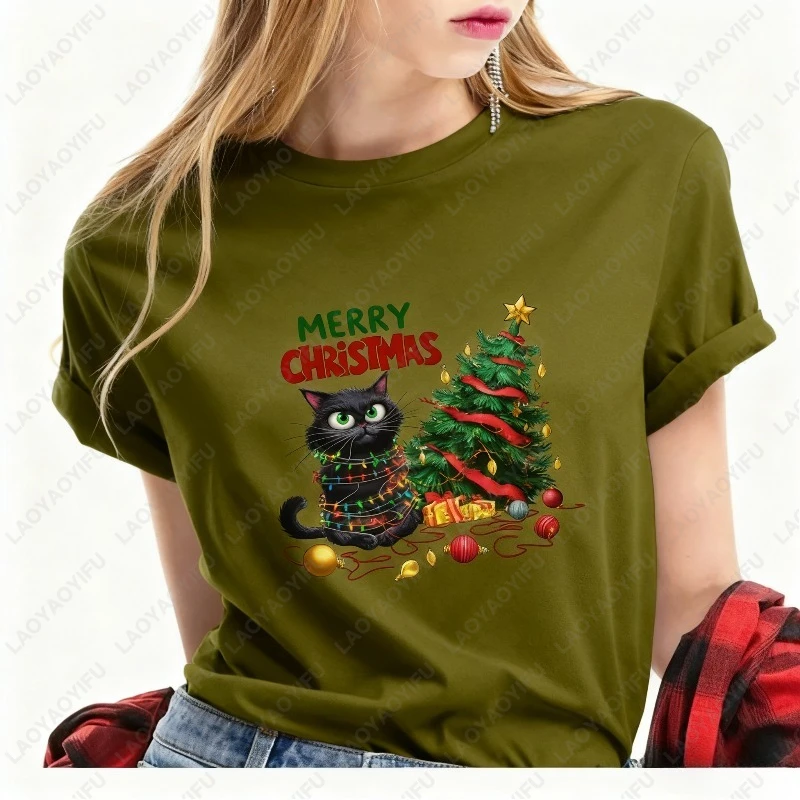 مضحك عيد الميلاد القط قميص القط الأسود المشاغب مع أضواء عيد الميلاد وشجرة لطيف عيد ميلاد سعيد المحملة لمحبي القطط وآباء الحيوانات الأليفة #5