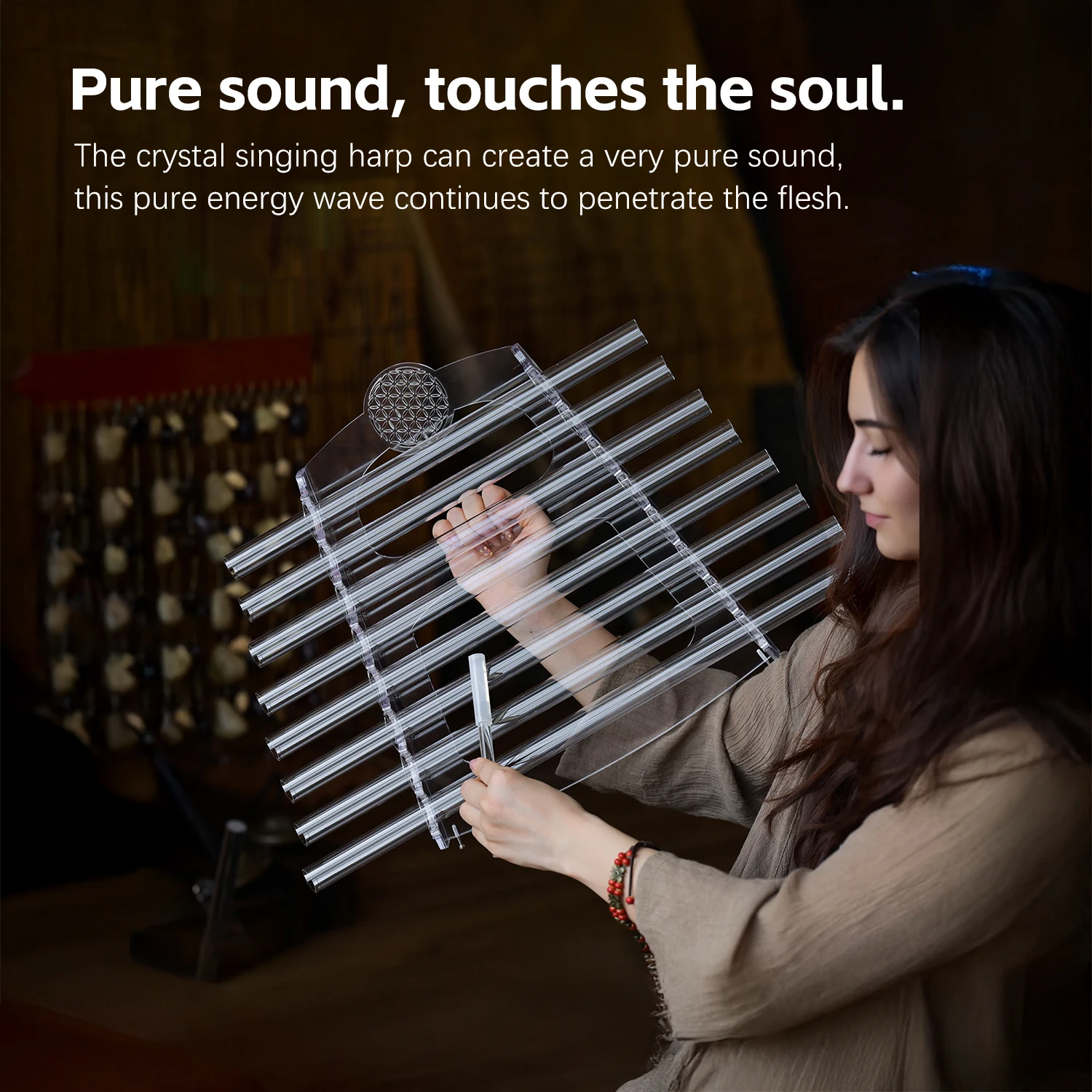 SUCCESS Low Price 8 Tube Pure Quartz Singing Crystal Harp High C Tone Music Flower Carrying Case with Suede Mallets