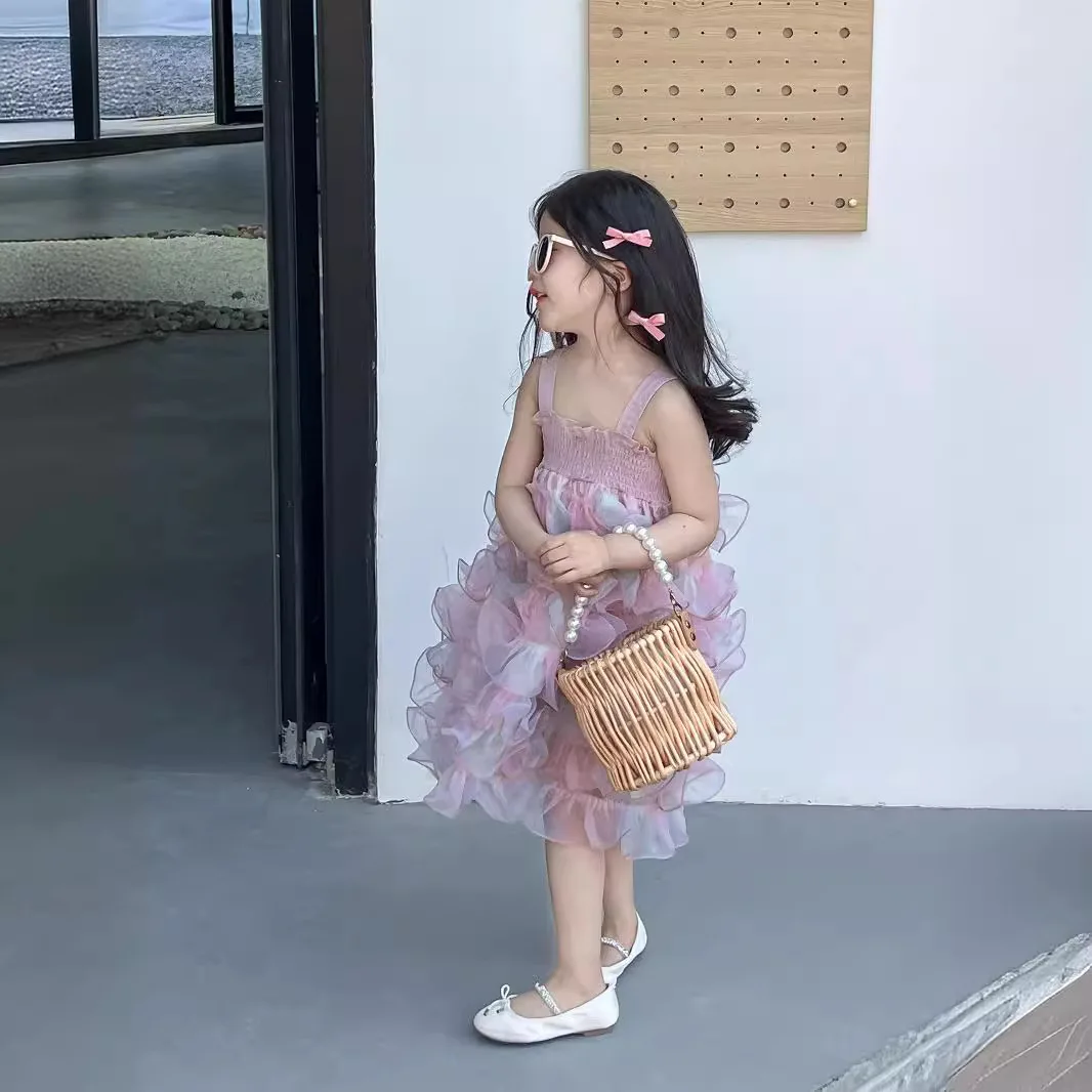 Girls Skirts 2024 Summer New Childrens Dress Dream Powder Princess Dress Pearl Glitter Slip Skirt Cake Pompadour Skirt Casual