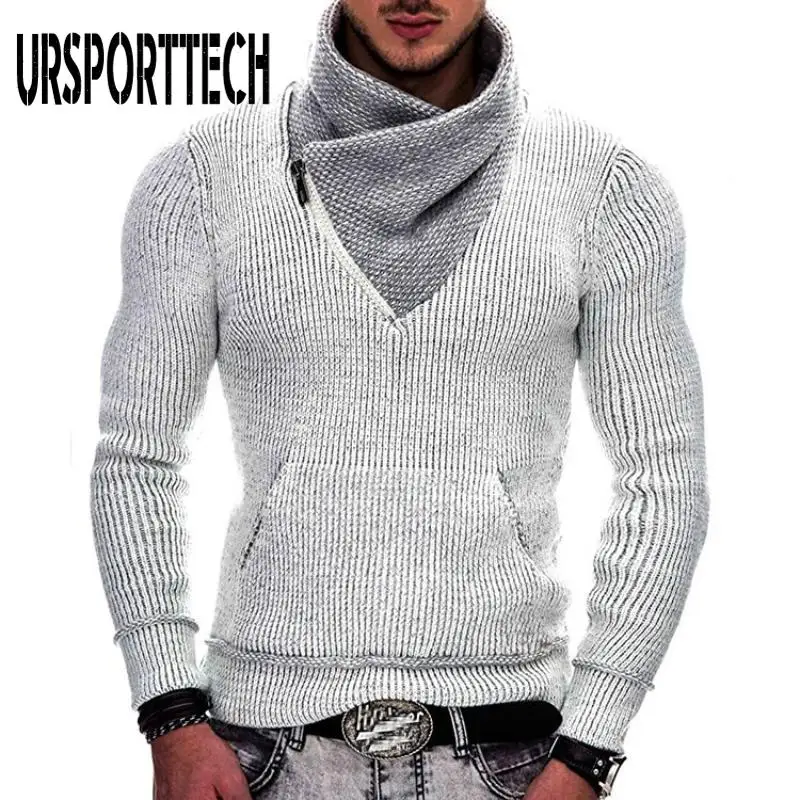 

URSPORTTECH Autumn and Winter Men's Sweater Long Sleeved High Neck Pocket Fashion Knitwear Personalized Male Knitted Sweaters