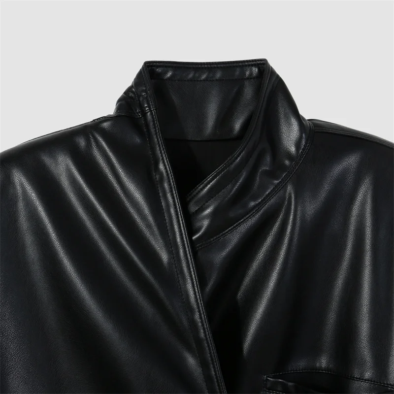 Damen-Lederjacke. Neues, asymmetrisches Bund-Slim-Fit-Langarm-Top für den Herbst 2025. Damenmantel aus Kunstleder y2k