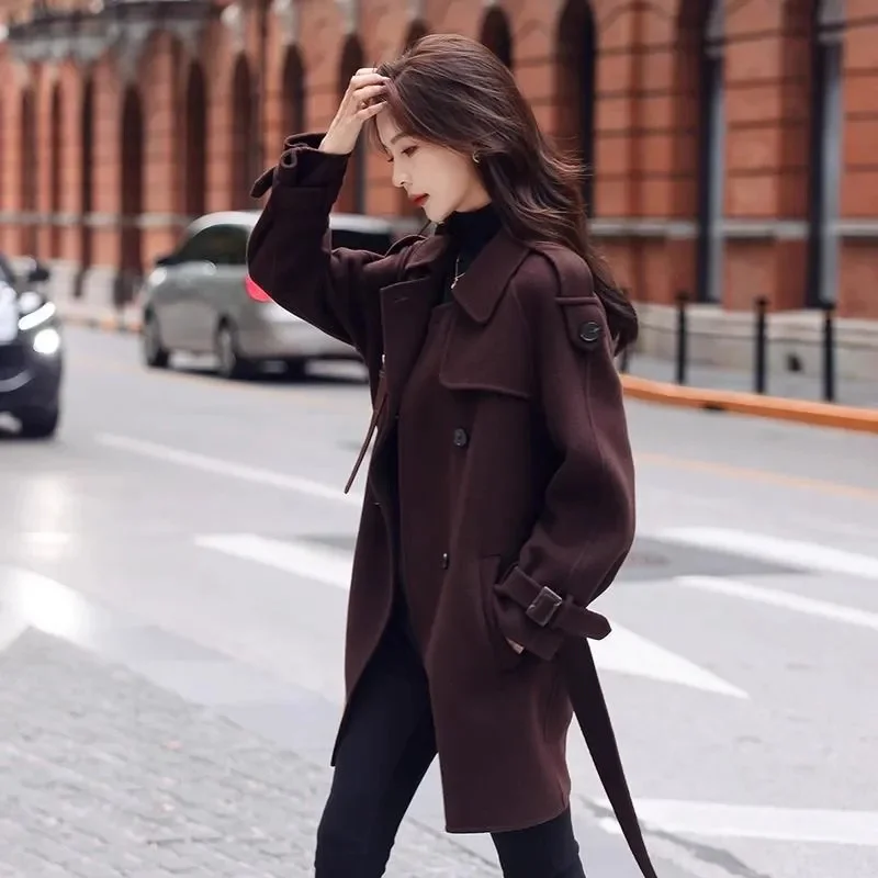 High-Quality Woolen Coat Women\'s Long 2025New Autumn Winter Korean Loose Outwear Short Brown Overcoat Thick Woolen Jacket Female