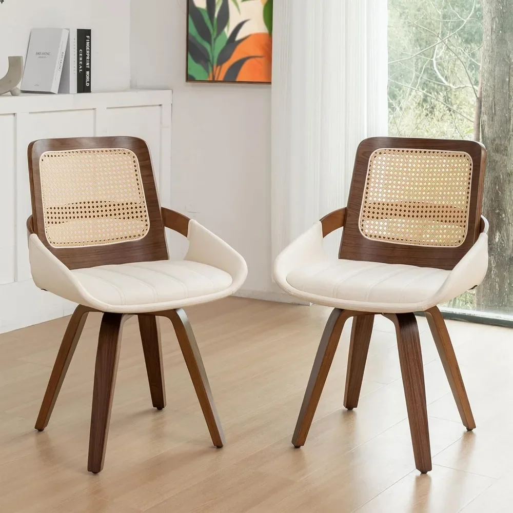 Swivel Rattan Cadeiras de Jantar com Bastão Ergonômico Voltar, Braços Curvos, Walnut Cadeiras de Jantar, Walnut Frame, Conjunto de 2