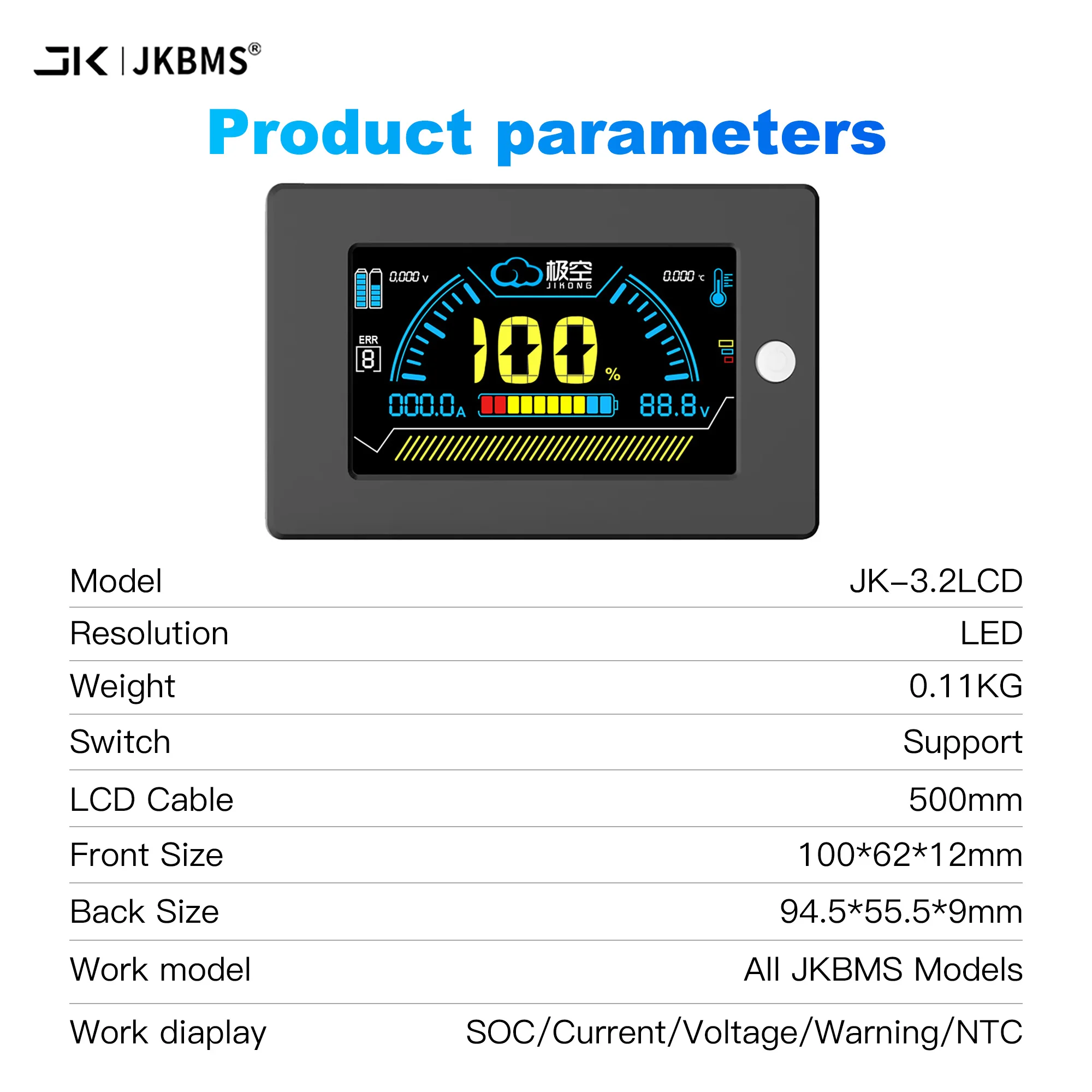 JKBMS inteligentny wyświetlacz LCD BMS 3,2-calowa bateria litowa inteligentne akcesoria Bms inteligentny wskaźnik poziomu baterii Monitor JK BMS