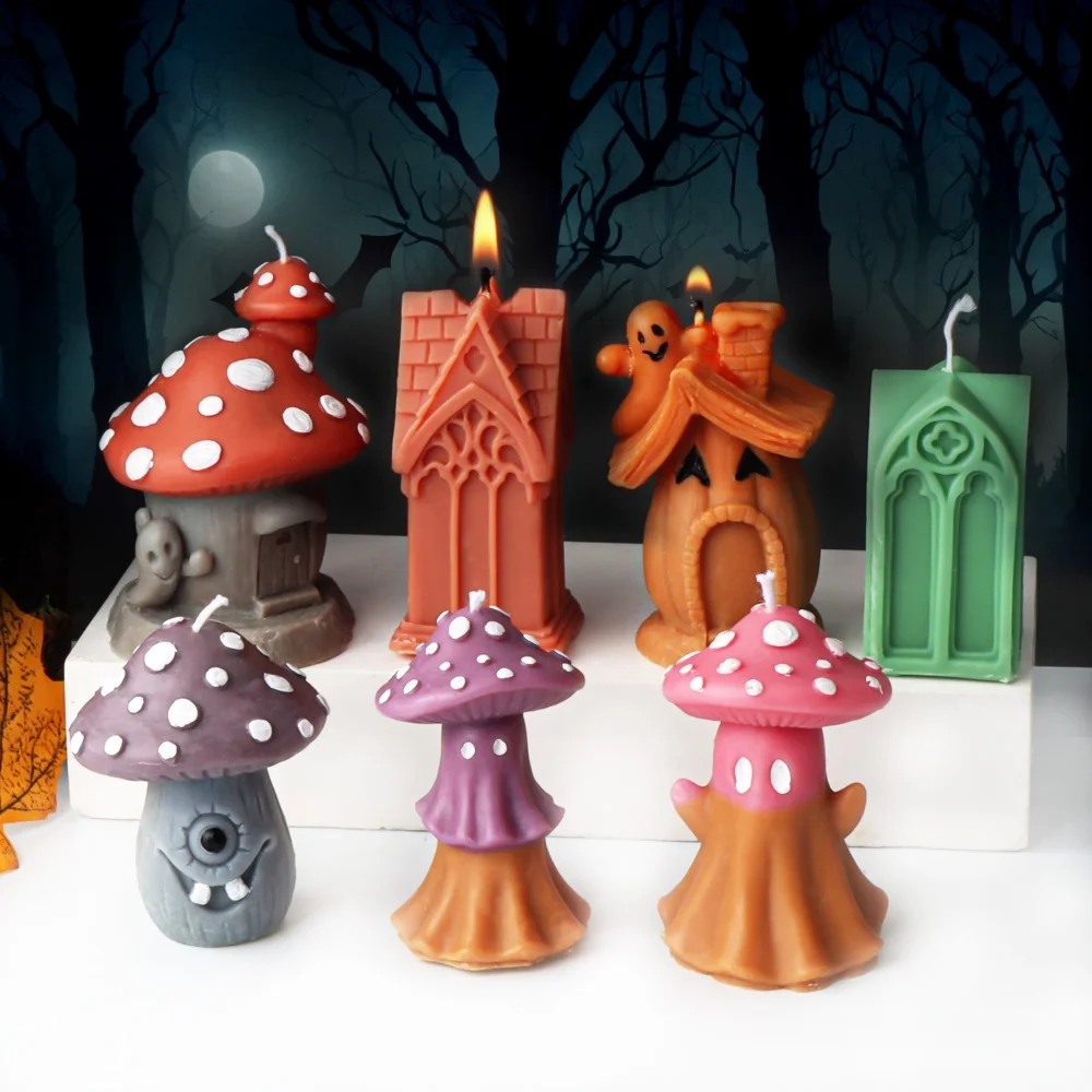 3D Halloween Kürbis-Haus & Geister-Silikon-Kerzenform, Niedliche Pilz-Wachsform für DIY Harz-, Gips- und Seifenhandwerk