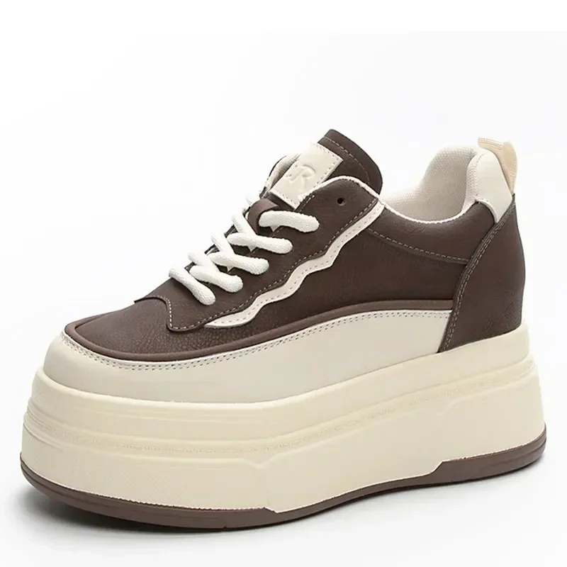 

9cm Cow Genuine Leather Casual Chunky Sneakers Wedge Platform Wedge Vulcanize Mixed Color Comfy Pumps Fashion Women Shoes