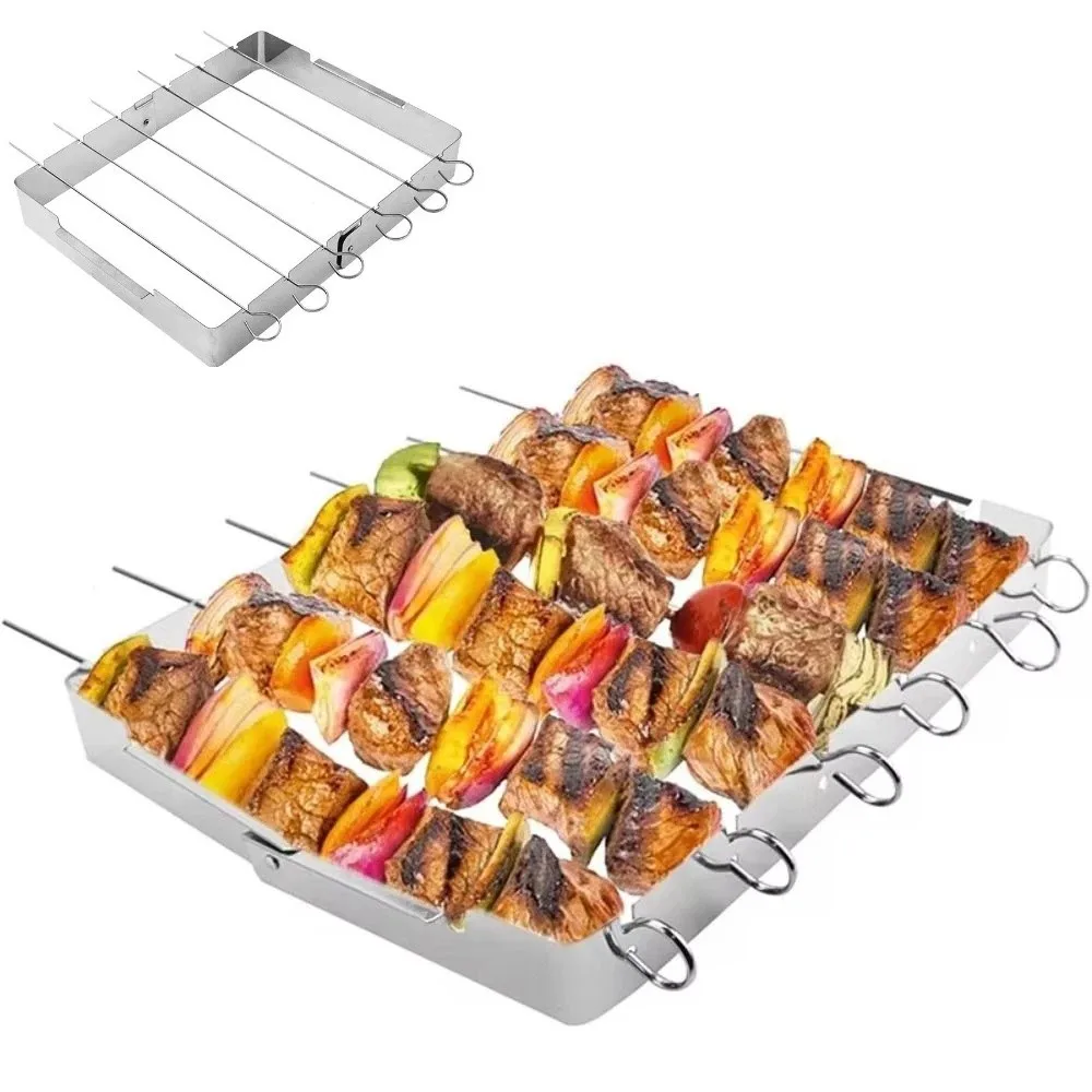 

Creative BBQ Skewer Rack Set Stainless Steel Foldable BBQ Grill Rack with 6 Skewers Durable Outdoor Grill Tools Picnic