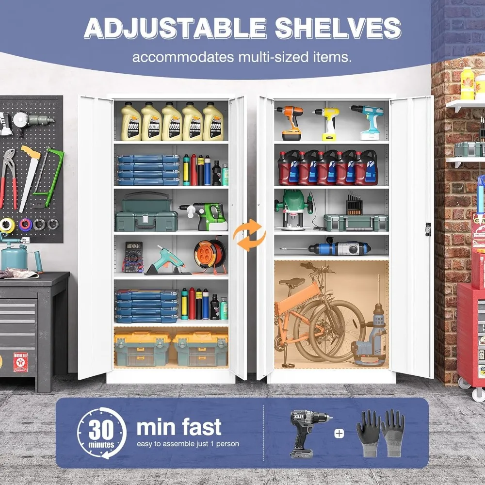 Armoire en métal, 71 armoires de rangement verrouillables avec 2 portes et 5 étagères réglables, armoires hautes en acier pour garage, bureau à domicile, Basem