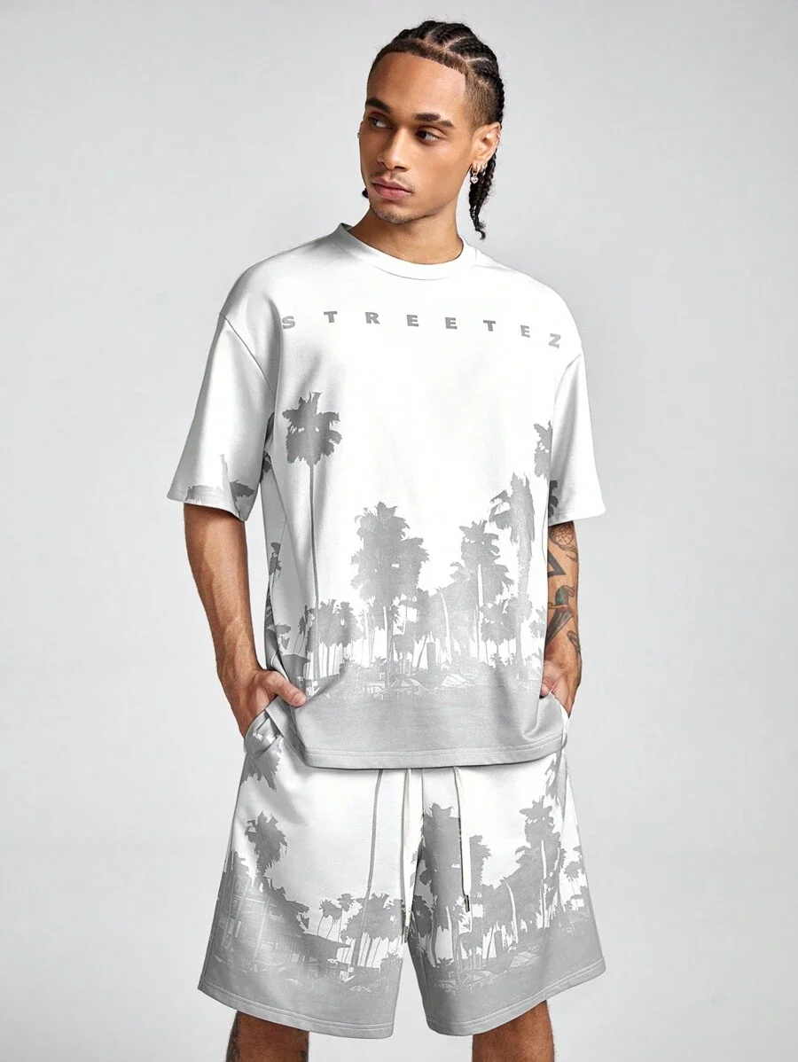 Men's sports suit fashionable coconut tree print summer plus round neck short sleeved T-shirt men's drawstring pocket shorts