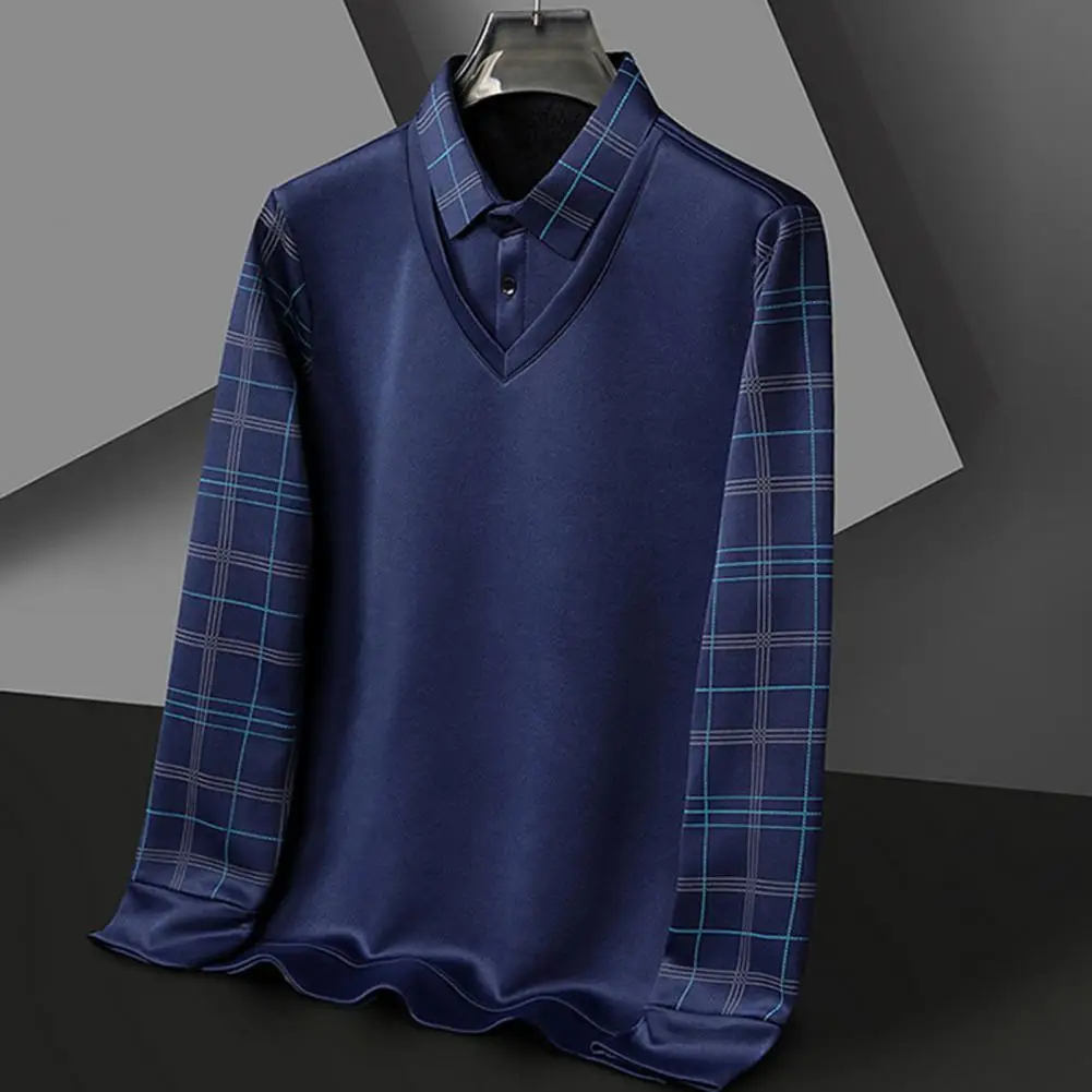 

Fake Two piece Men Base Shirt Plaid Lapel Slim Fit Shirt Men Long Sleeved Office Wear Men Shirt Top Business Male Clothes