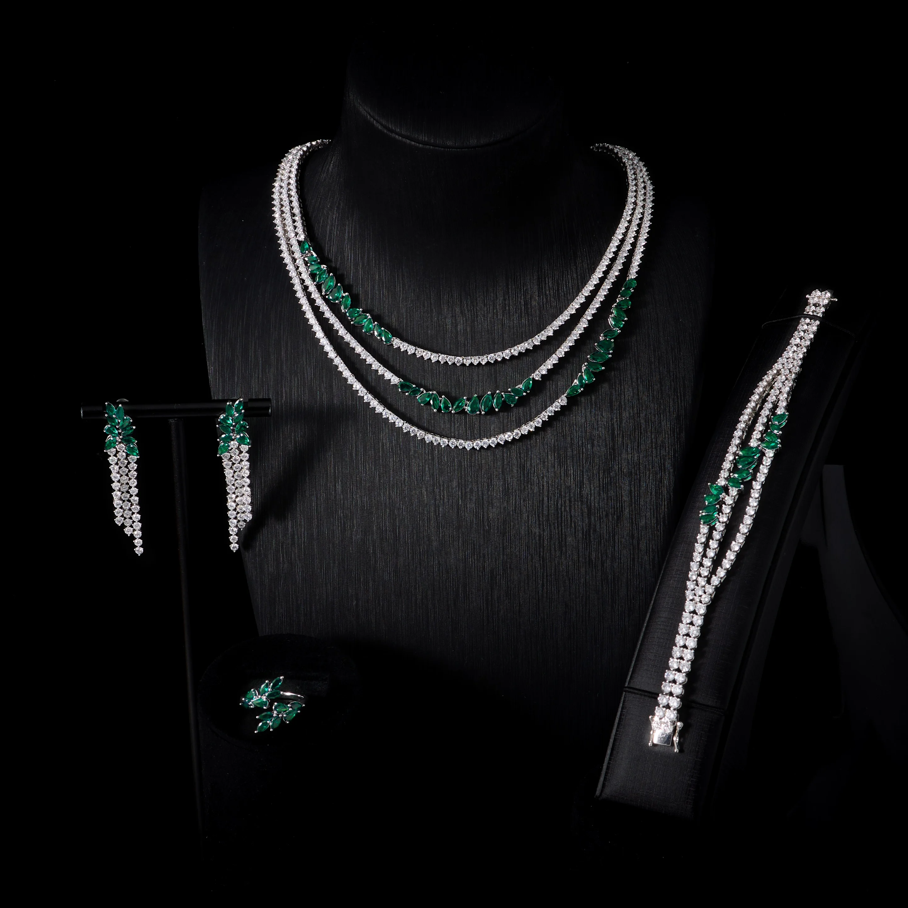 250310 Dubai Luxury Bridal 4PCS Jewelry Set Multi Layer CZ Necklace Tassel Long Earrings Bracelet Ring Marquise Zircon Wedding