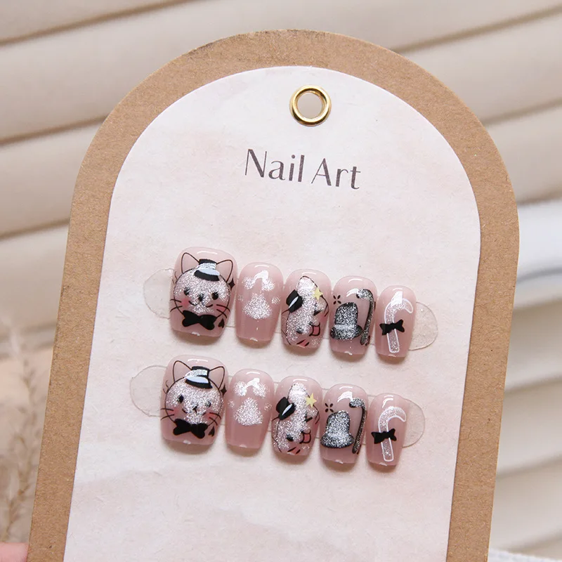 10 stuks dames schattige kat miauw print druk op nagels afneembare schattige nepnagels kitten afneembare nail art nagel patch korte nail art