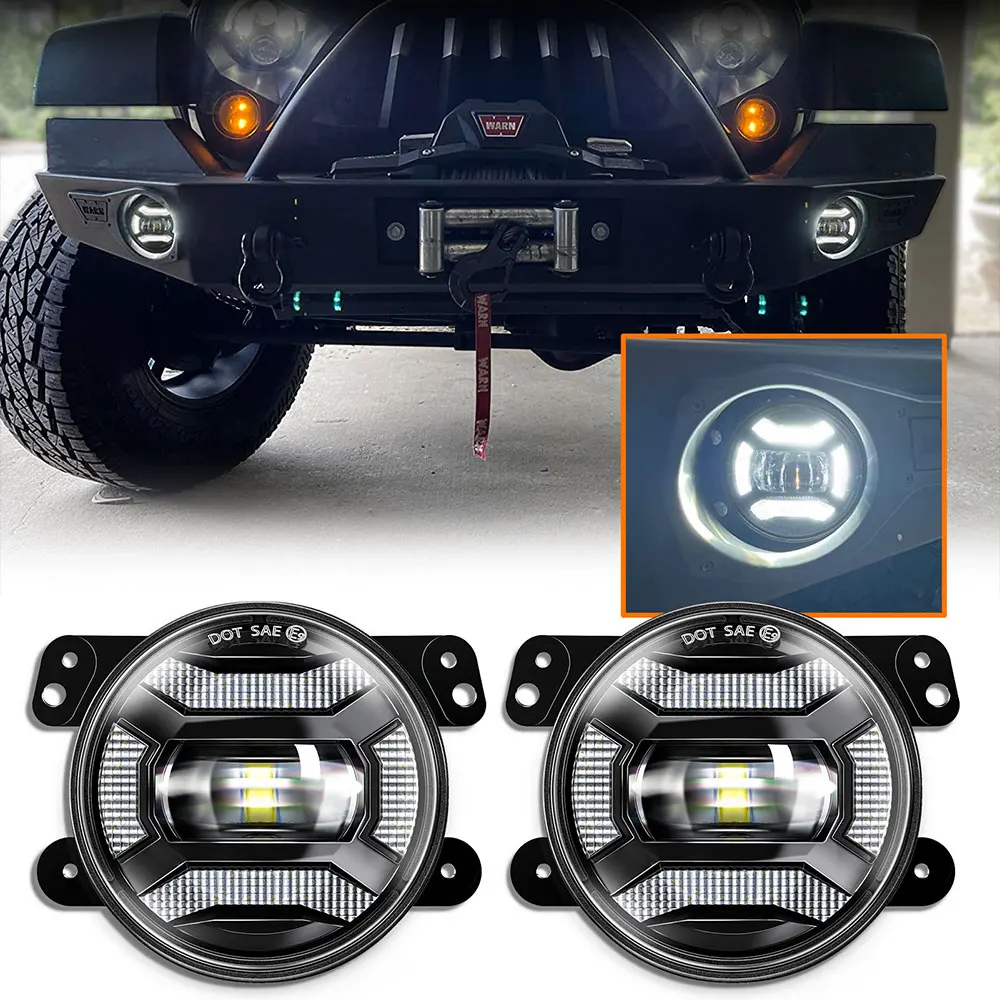 30W 4 Inch Round Led Fog Light White Halo Ring Angel Eyes &  Lamp DRL amber turning lights for Jeep Wrangler JK LJ TJ