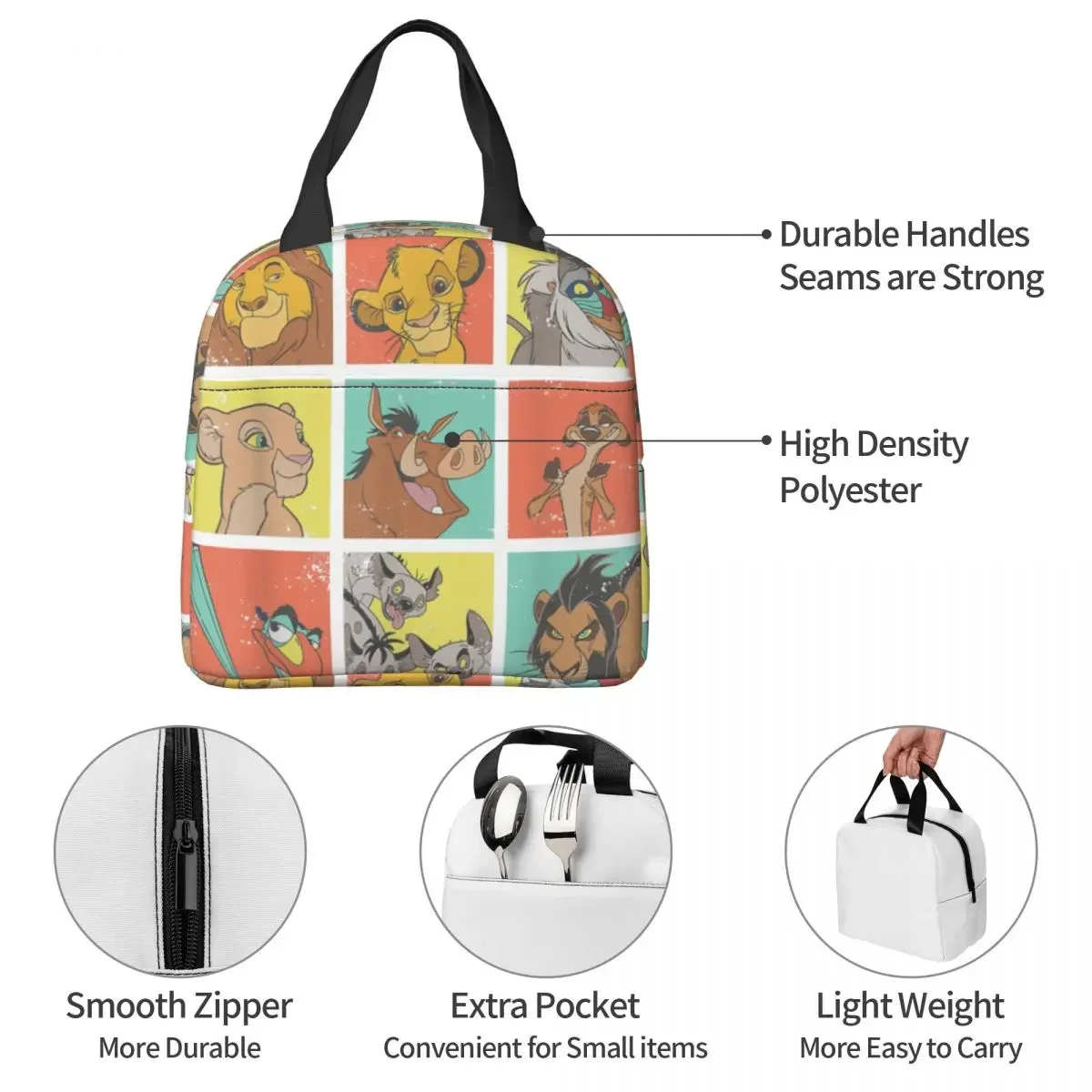 The Lion King Characters 90s Cartoon Insulated Lunch Bags Leakproof Lunch Container Thermal Bag Tote Lunch Box Travel Food Bag