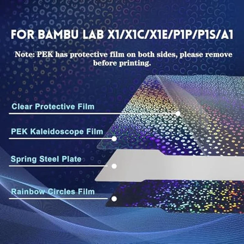

Rainbow Circles+Kaleidoscope PEK Textured Sheet for X1/X1C/X1E/P1P/P1S/A1, Flexible PEK Build Plate 257x257mm [No.3 Elnic]