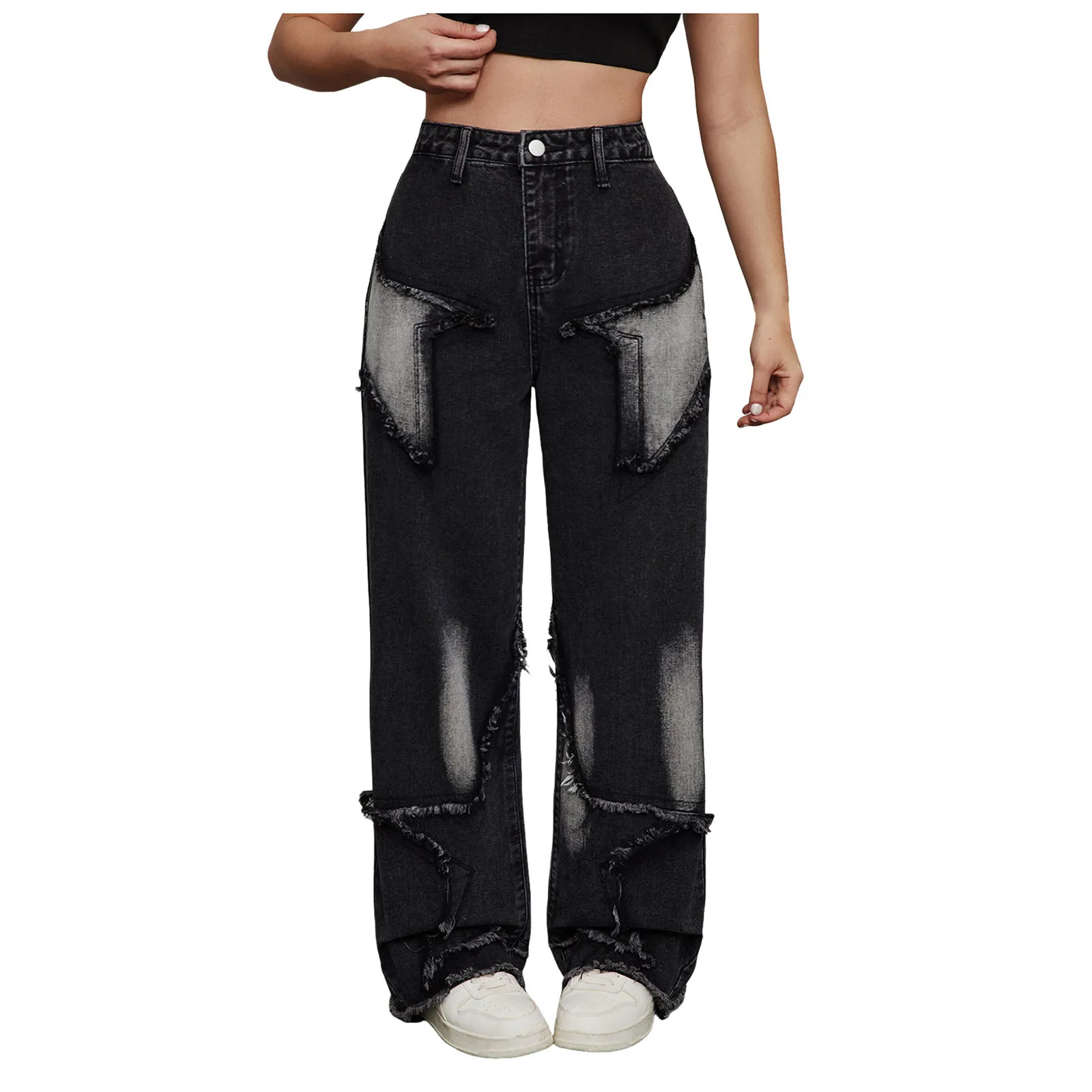 

Молодежные брюки для софтбола для девочек, модные широкие джинсы со звездами в стиле пэчворк, повседневные универсальные брюки на брюках для девочек