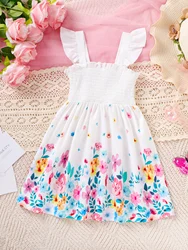 Kids Girl Summer Princess Dress Flutter Sleeve Flower Print Bow Dresses Sweet Vacation Party Costume for Children Girl 4-7 Years