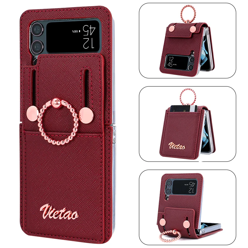VIETAO Z Flip 3 Casing Ponsel dengan Tempat Cincin Jari, Penutup Ponsel Kulit PU untuk Galaxy Z Flip 3 dengan Slot Kartu, Emas Mawar
