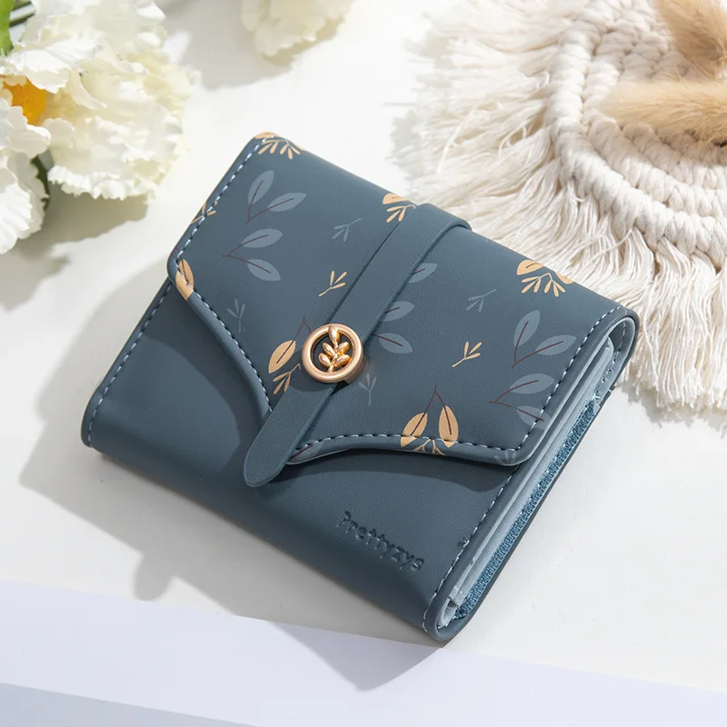 Korean Style Women Tri-Fold Wallet Leaf Floral Print PU Purse Hasp Closure Coin Pocket Multi Slots Mini Card Holder For Girls