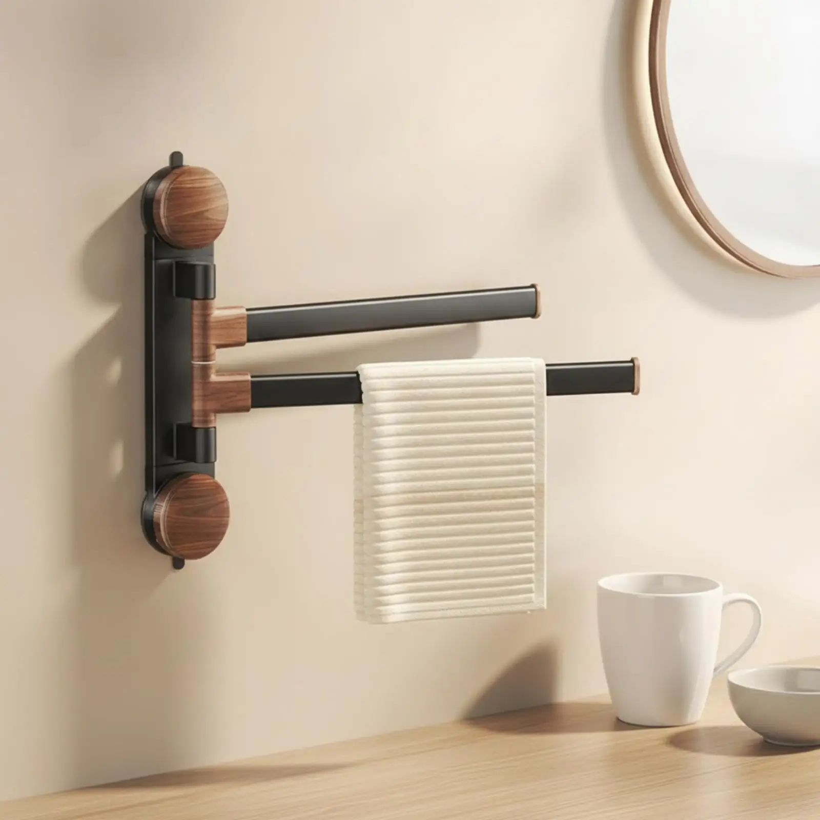 Suction Cup Towel Rack Black and Wood-Grain Suction Towel Rack