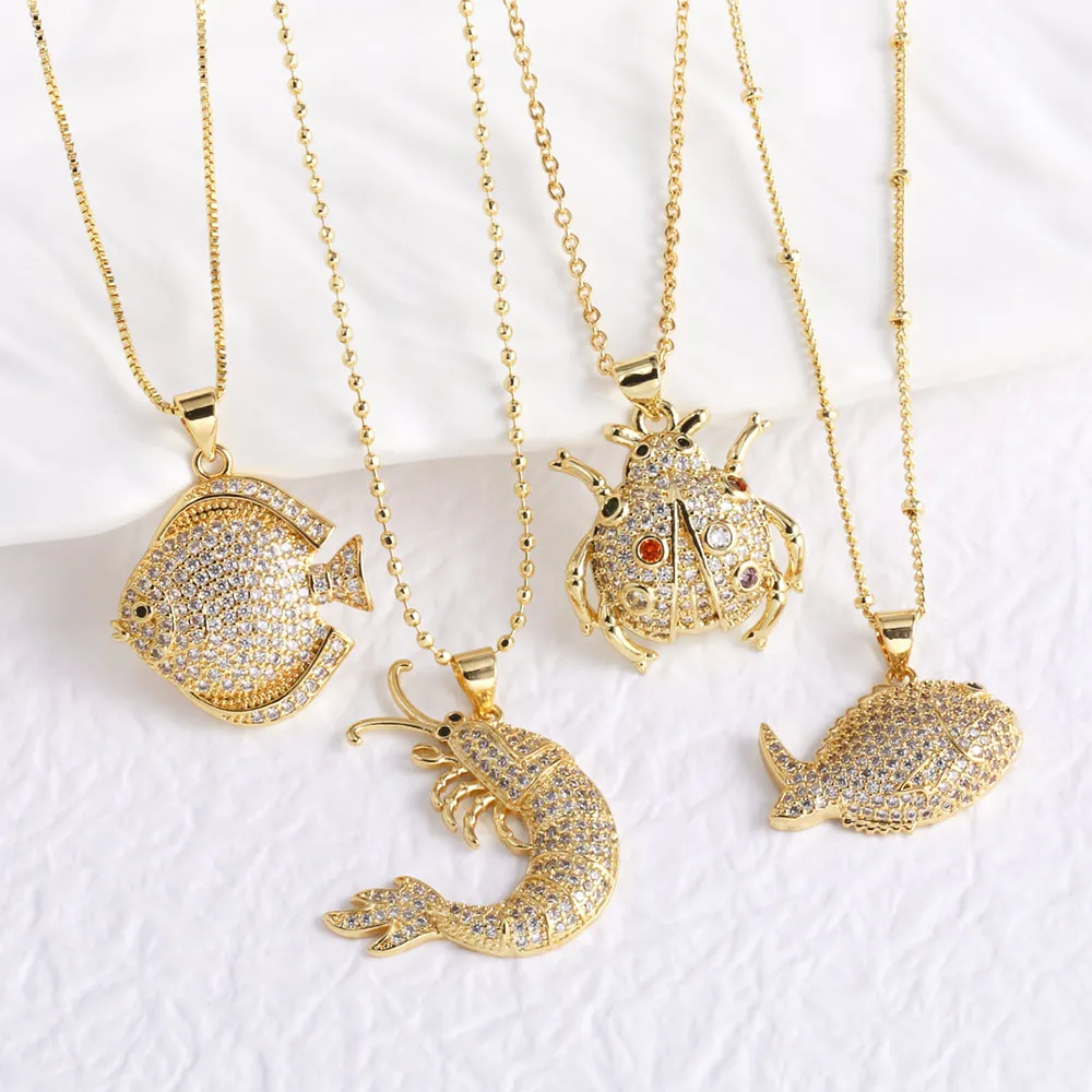 FLOLA 絶妙なクリアクリスタル魚ロブスターネックレス女性のためのゴールドメッキてんとう虫ネックレス CZ ジュエリーギフト nkeb290