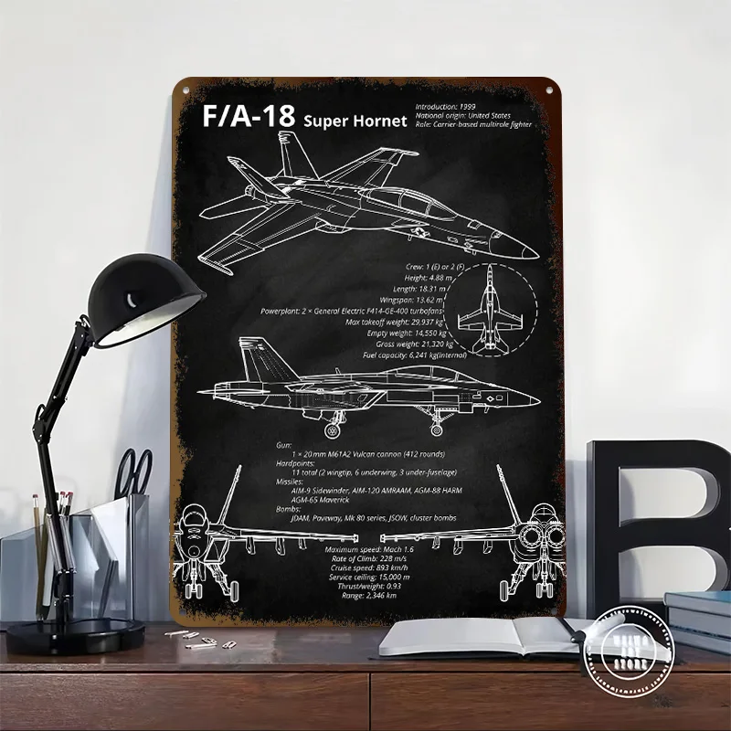 F/A-18 Super Hornet Blueprint 3D Printed Texture Poster Personalized Wall Art Retro Metal Tin Signs for Office Decoration Gaming