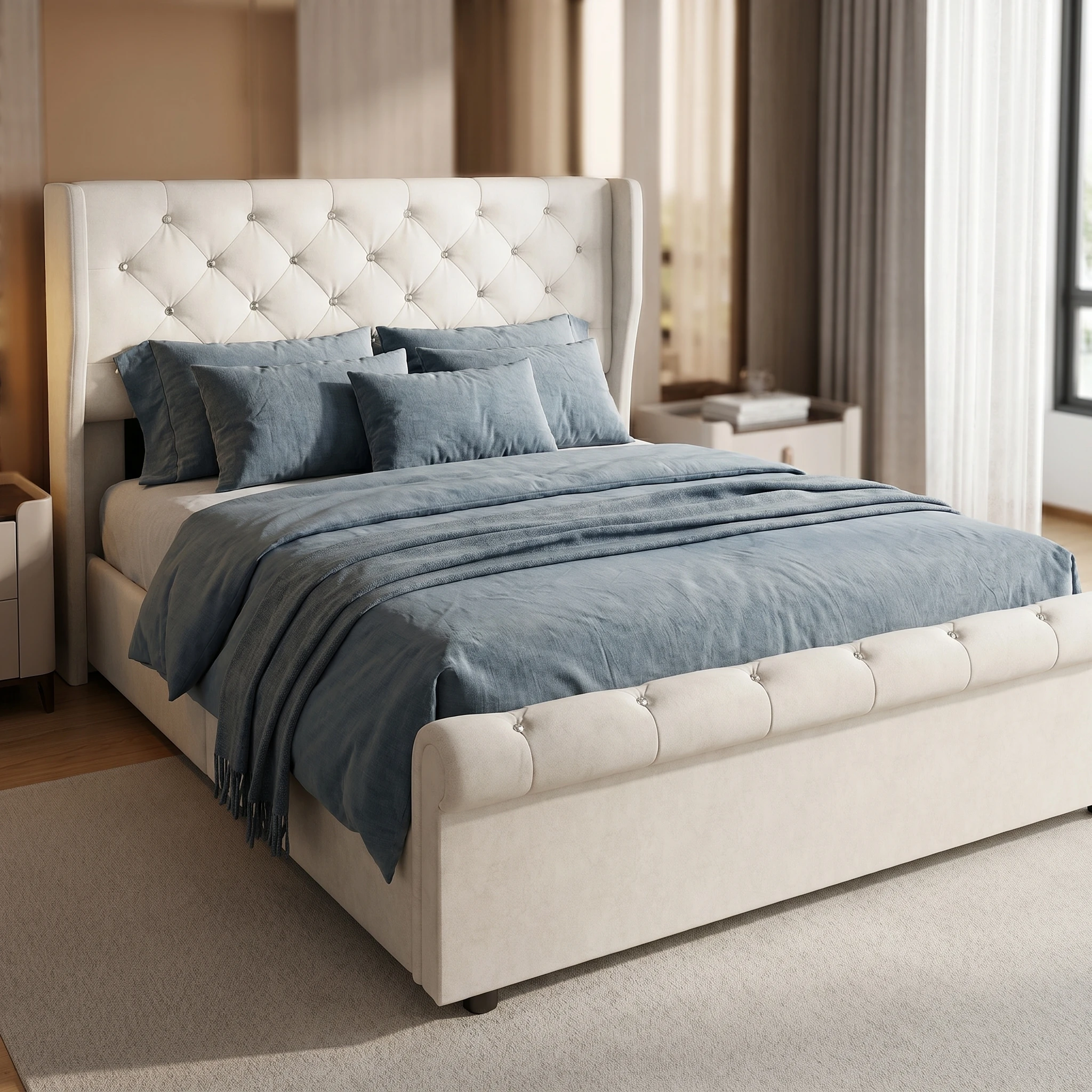 Cama de Plataforma de Terciopelo Comanlai de 140x190cm, Cama Tapizada Beige con Almacenamiento y Elevación a Gas, Lámpara LED Integrada en el Cabecero, Puertos de Carga Estándar Europeos, Muebles de Dormitorio Modernos, Cama de Terciopelo Cómoda para Adolescentes y Adultos