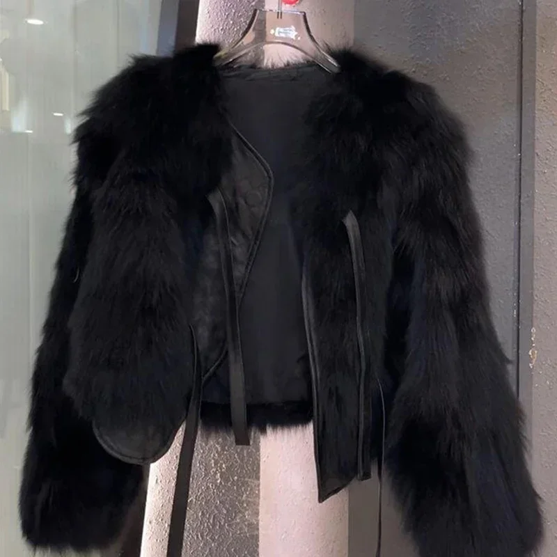 2024 autumn and winter new fur coat women's short style imitation fox fur Korean version versatile lace up thick top
