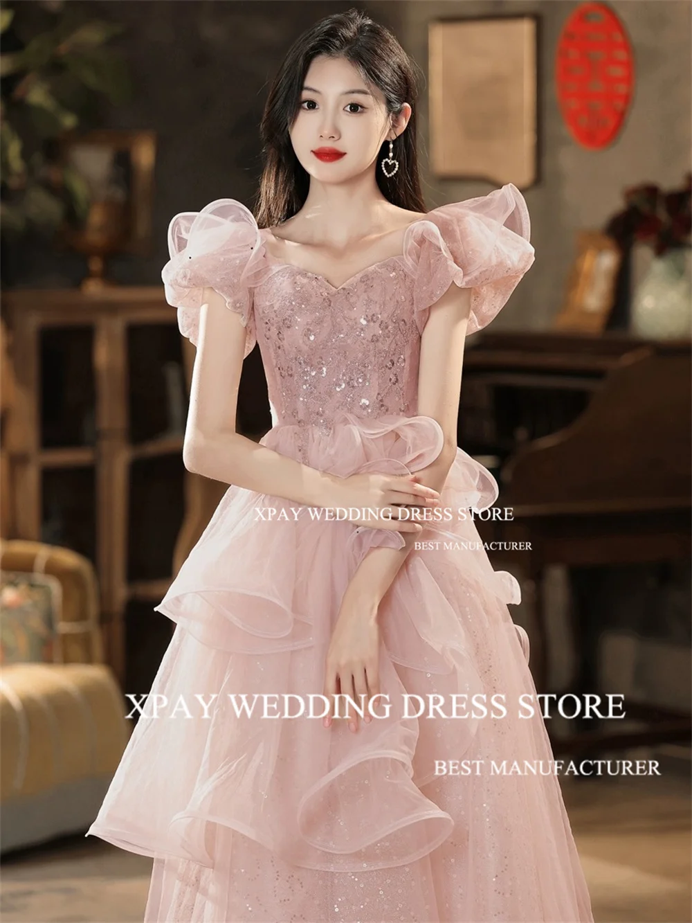 XPAY Sweetheart Blush Pink Korea Evening Dresses Ruffles Tiered Sparkly Formal Prom Gown Photo Shoot Lace Wedding Party Dress