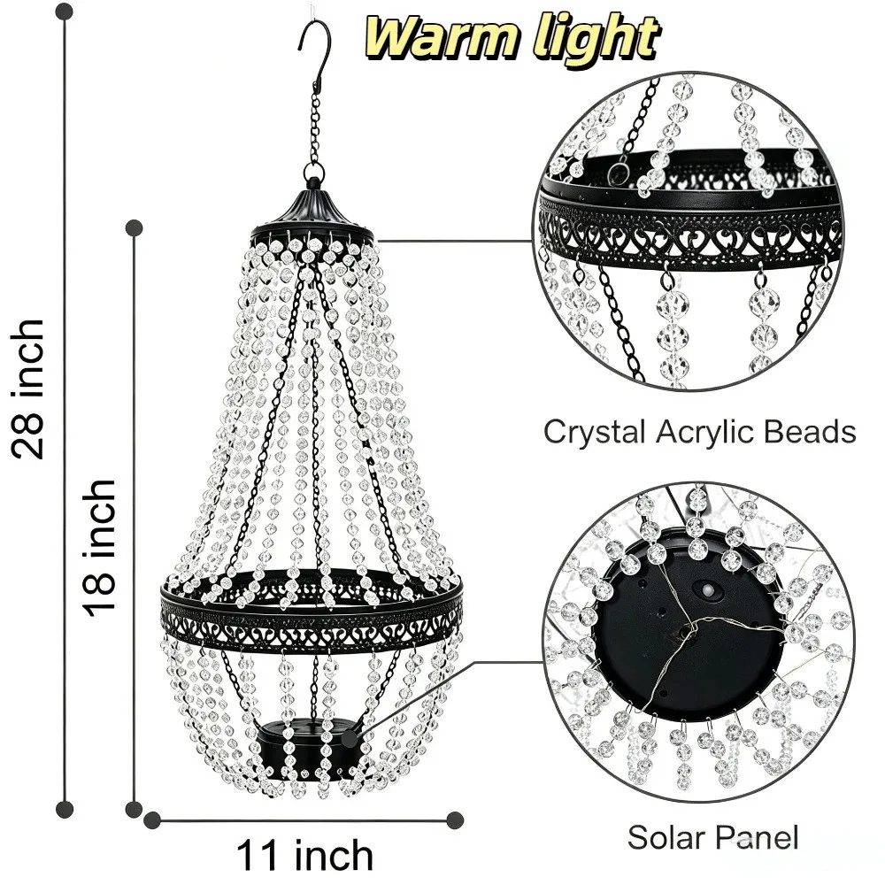 Waterproof Solar Hanging Lantern Crystal Acrylic Cool White Outdoor Pendant Light Simulated Bead Accents Modern Design
