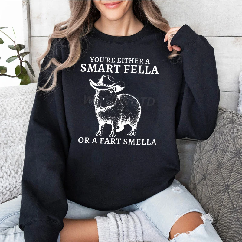 Capybaras Print Women Fashion Hoodies A Smart Fella or A Fart Smella Vintage Sweatshirt Jumper Cowboy Capybara Lover Sweatshirts