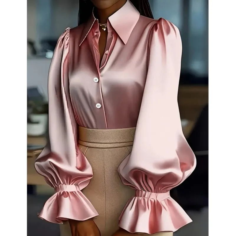 Mulheres novo estilo viajando sólido puff manga longa lapela camisa de cetim roupas femininas primavera outono moda weedding blusas