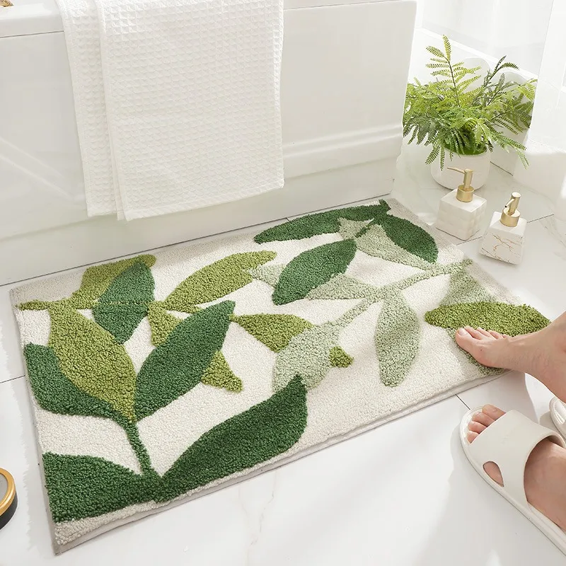 Leaves Green Flocking Bath Mat Non-slip Absorbent Microfiber Bathroom Rug Home Entrance Door Mat Super Soft Bath Carpet