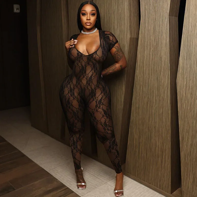 

Sexy See Through Lace Jumpsuits Women Short Sleeve V-neck Backless Rompers Womens Jumpsuit Nightclub Party One Piece Overalls