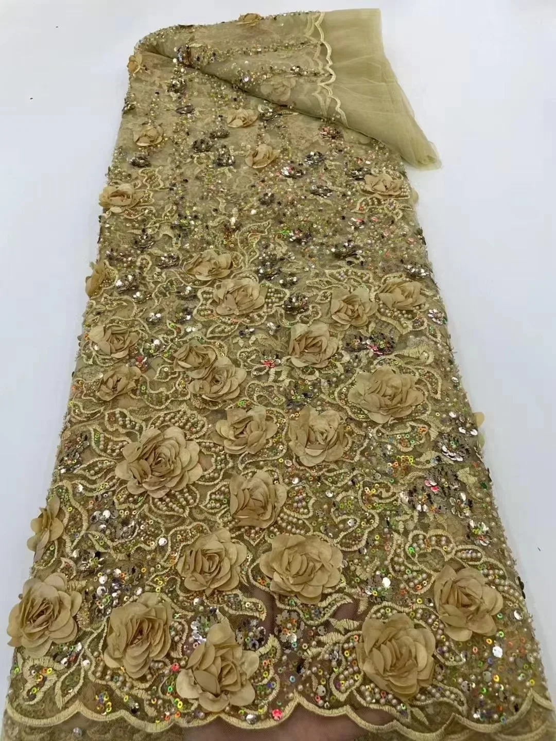 French luxurious 3D embroidered mesh lace sequin wedding beads, high-quality African fashionable design Nigerian lace dress