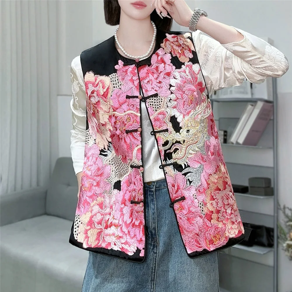 Spring And Autumn New High Quality Acetate Embroidery Blooming Peonies Single breasted Fashion Vest S-XXL