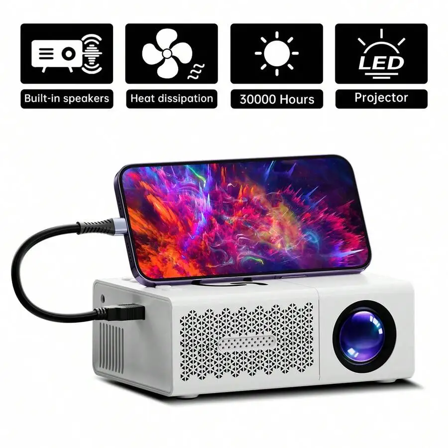 Sleek Mini Projector, 720P Native Resolution With 1080P Support, Portable LED Video Display, Perfect For Home Cinema And Living Room Movie Night, Compatible With USB/HD/SD Card/AV Inputs, Built-In Speakers & Remote Control, 4:3 Aspect Ratio