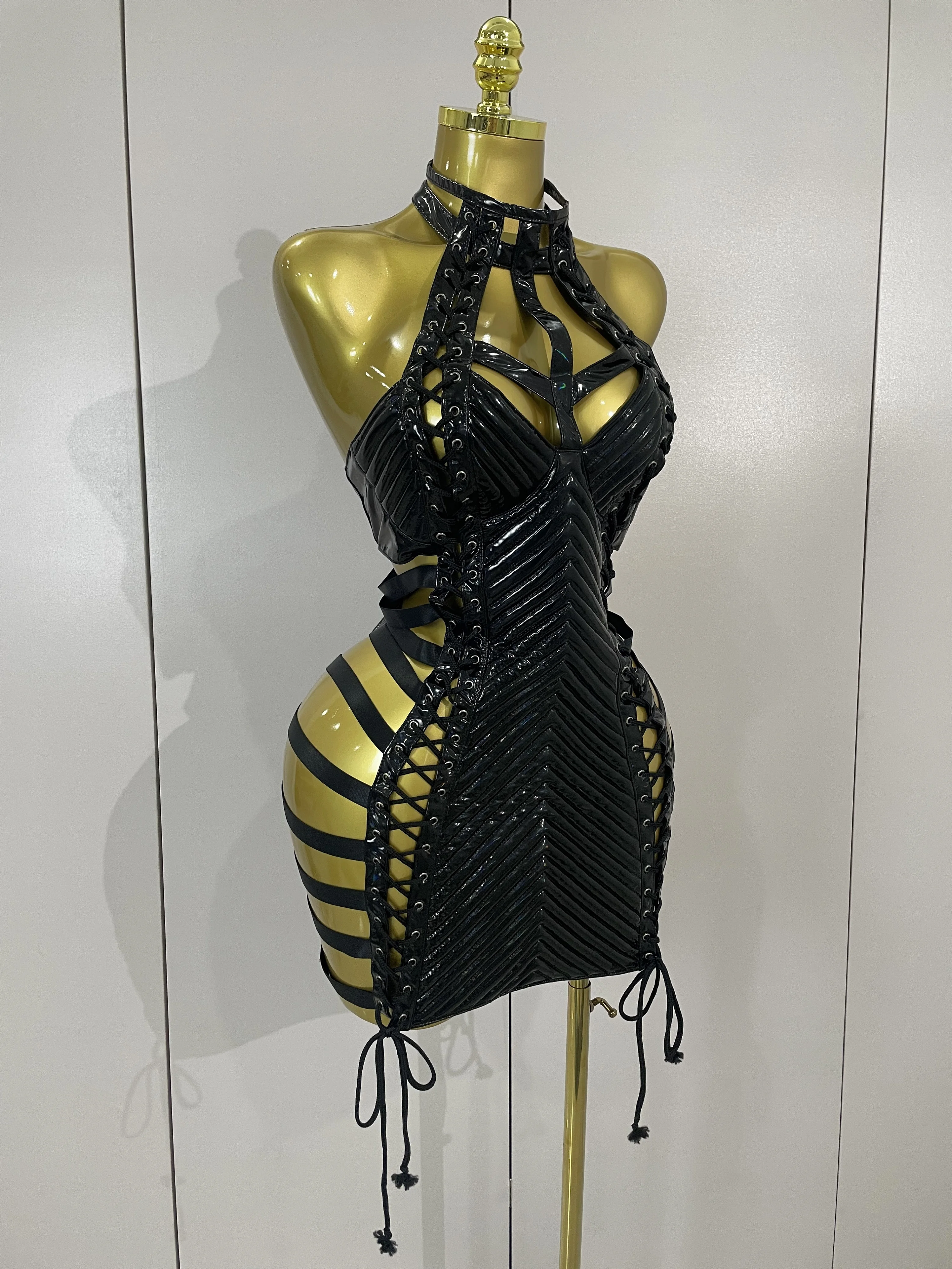 مثير جلد أسود الجوف خارج القوطية ضمادة الرسن فستان قصير المرأة جوجو الرقص المغني ملهى ليلي بار أداء المرحلة ارتداء #4