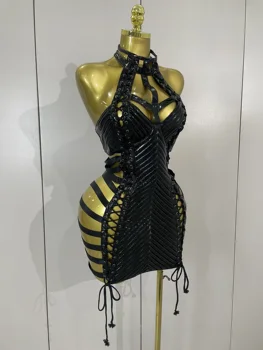 Sexy Black Leather Hollow Out Gothic Bandage Halter Short Dress Women Gogo Dance Singer Nightclub Bar Performance Stage Wear 4
