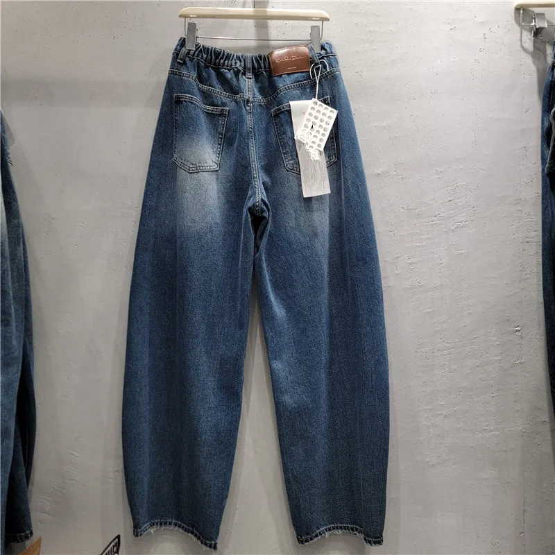SuperAen European and American Style Casual Denim Pants for Women Large Pockets High-waisted Oversize Full Length Pants