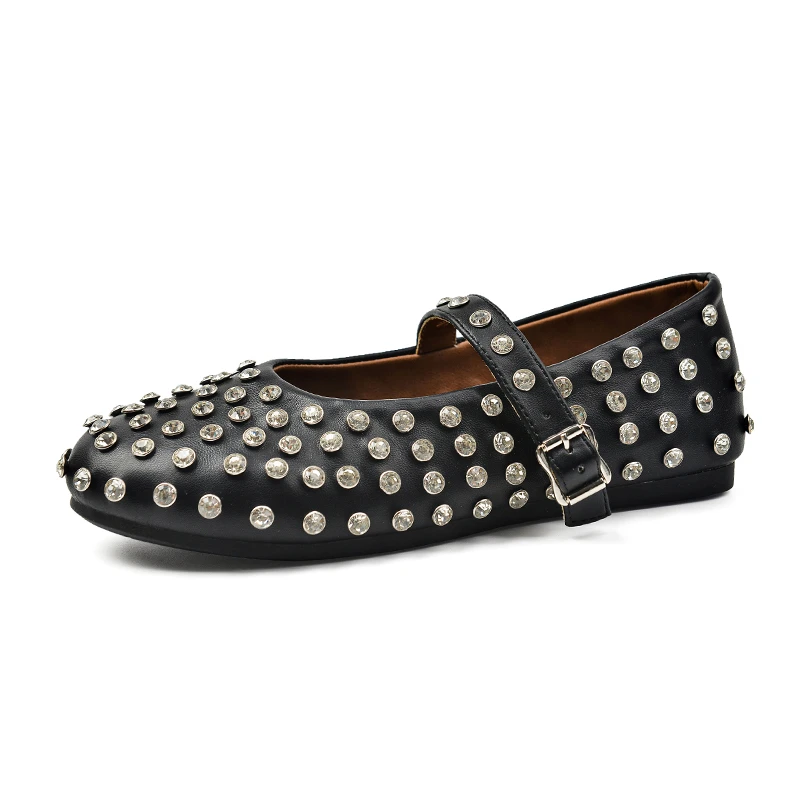 European American Women Fashion Diamond Studded Mary Jane Single Shoes Casual Flat Bottomed Round Toe Buckle Designer Shoes