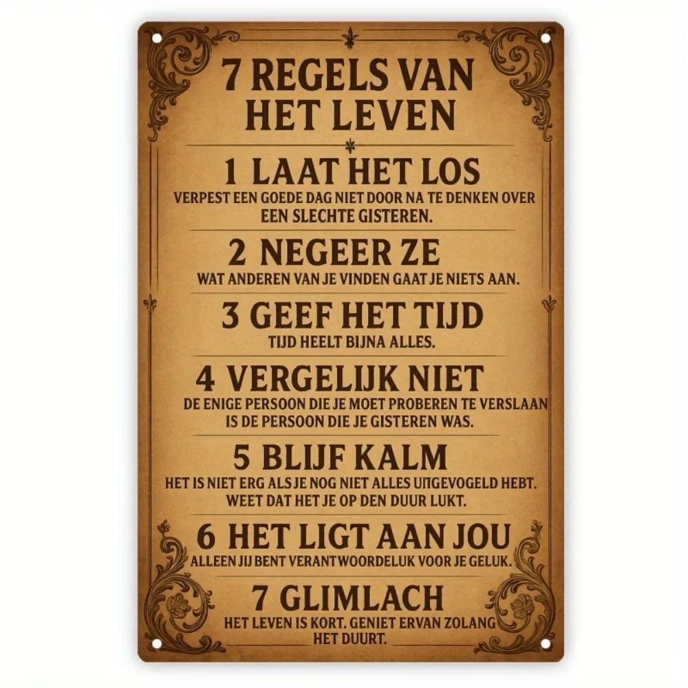 [مسطح [مسطح] لافتة حائط معدنية هولندية عتيقة "7 Regels Van Het Leven" - ديكور حديد ريفي مع قواعد ملهمة للعيش