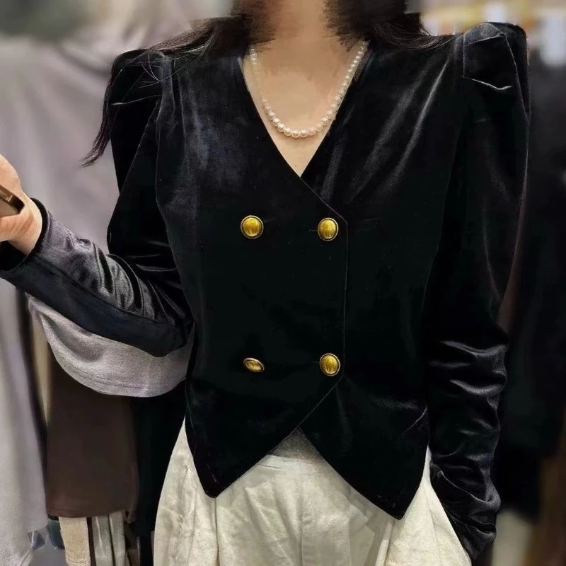 

Spring Fall Women Double Breasted Gold Buttons Black V Neck Velvet Top Shirt , Woman Clothing Velour Tops Shirts